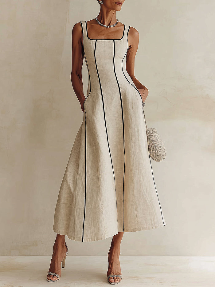 Camille | Robe Maxi A-Line à Rayures en Lin, Bordure Noire