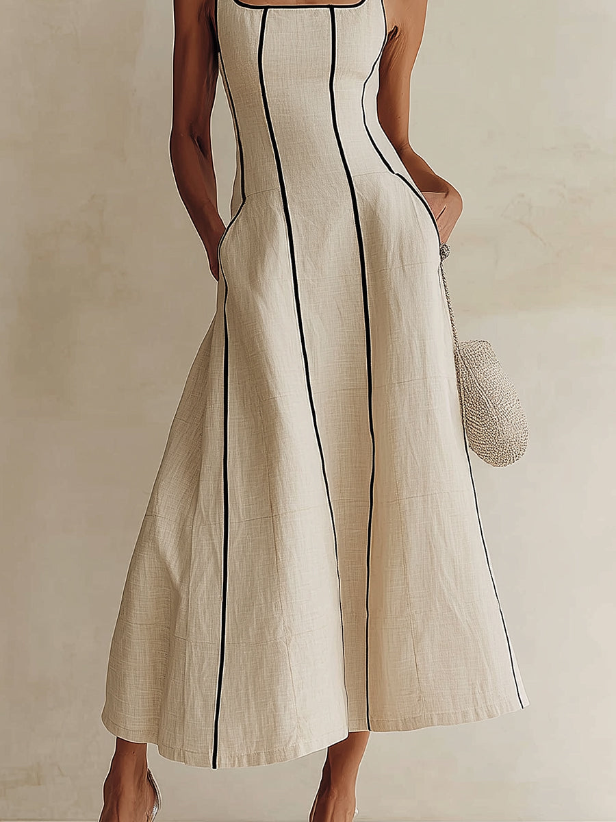 Camille | Robe Maxi A-Line à Rayures en Lin, Bordure Noire