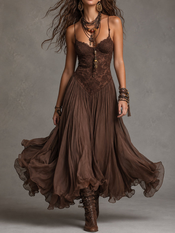Frédérique | Robe Maxi en Chiffon et Dentelle Marron