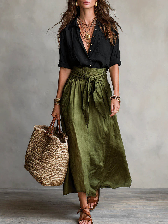 Romane | Ensemble Deux Pièces : Haut Noir et Jupe Midi Vert Olive