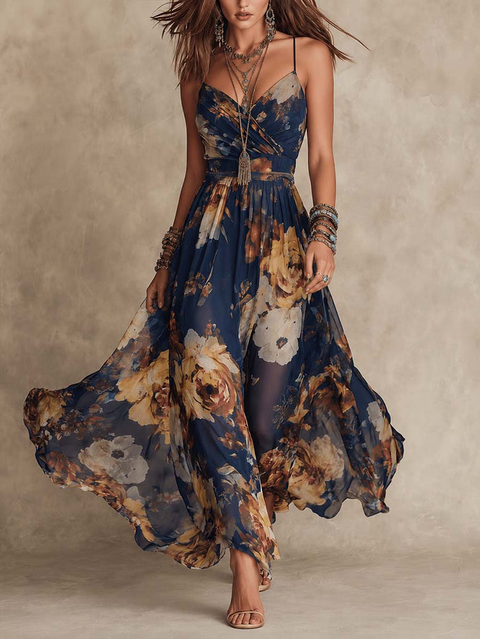 Nicolette | Robe Longue en Chiffon Bleu Marine à Imprimé Floral et Bretelles Fines