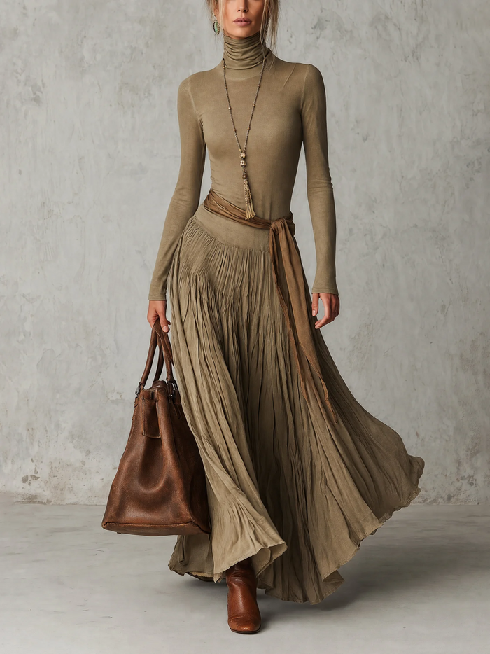 Júlia - Vestido Maxi Plisado Elegante de Cuello Alto y Manga Larga con Lazo en la Cintura