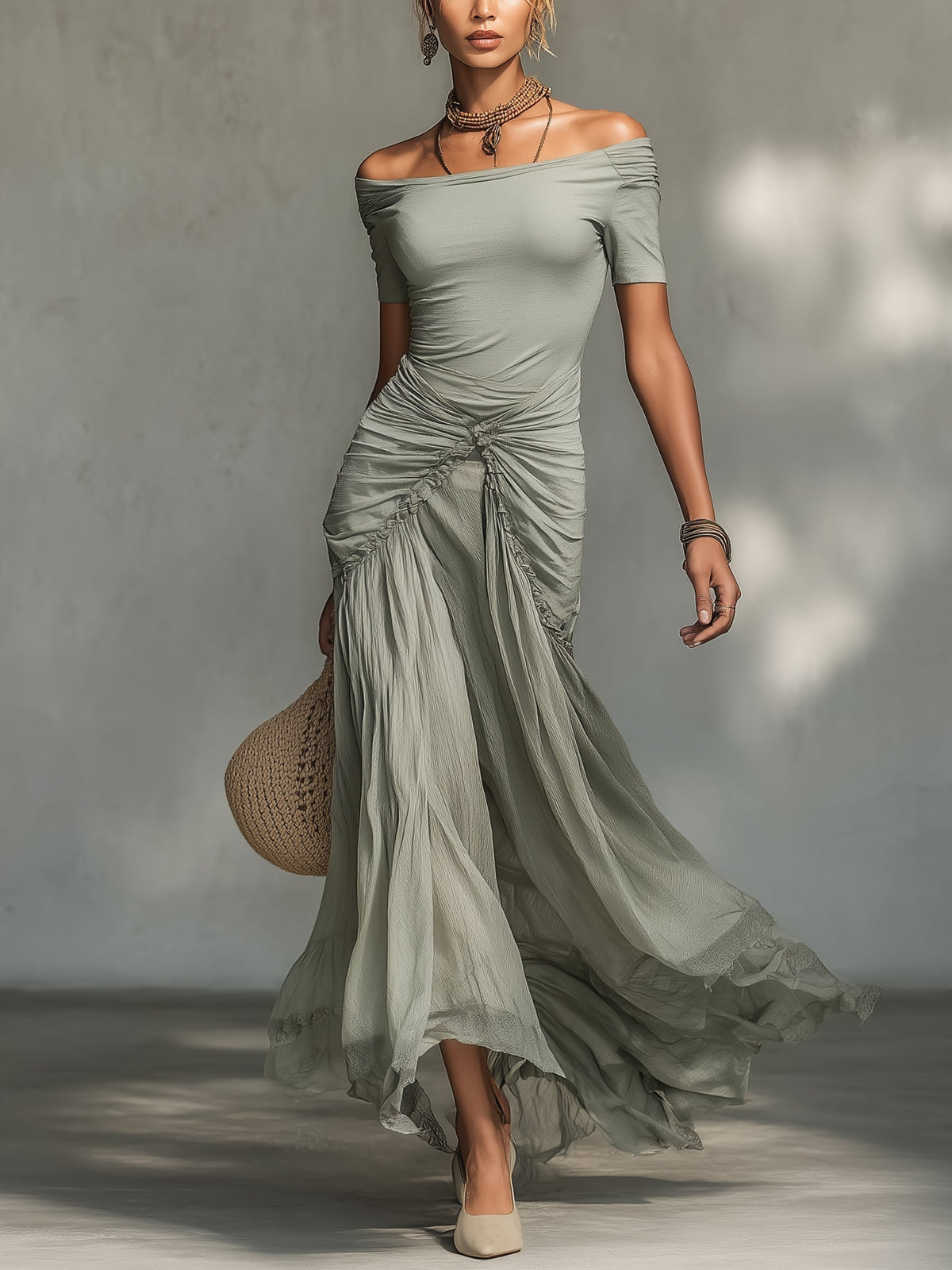 Séréna | Robe Maxi en Chiffon Gris à Décolleté Off-Shoulder