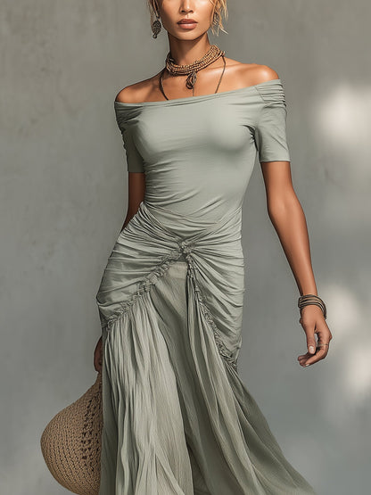 Séréna | Robe Maxi en Chiffon Gris à Décolleté Off-Shoulder