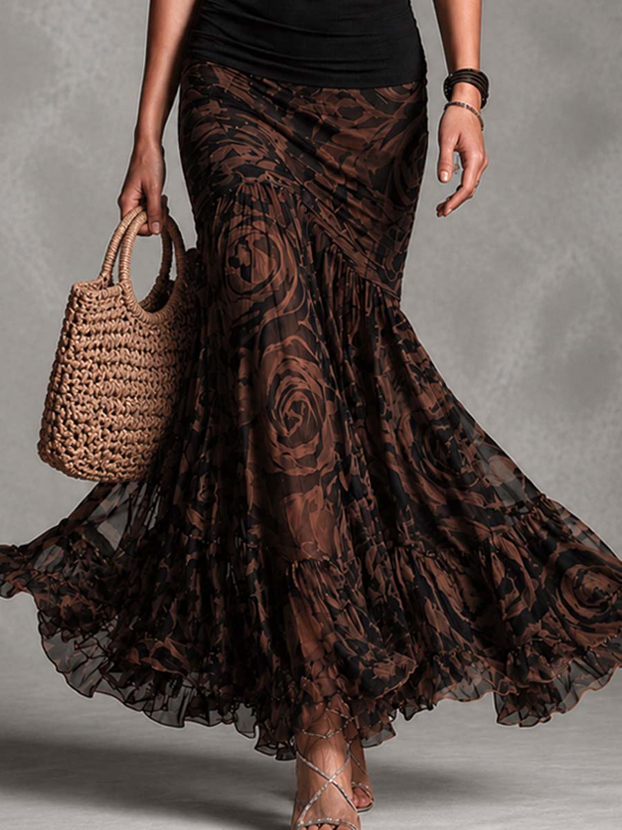 Rosanne | Ensemble Deux Pièces Top Halter Noir et Jupe Maxi en Mesh Rose