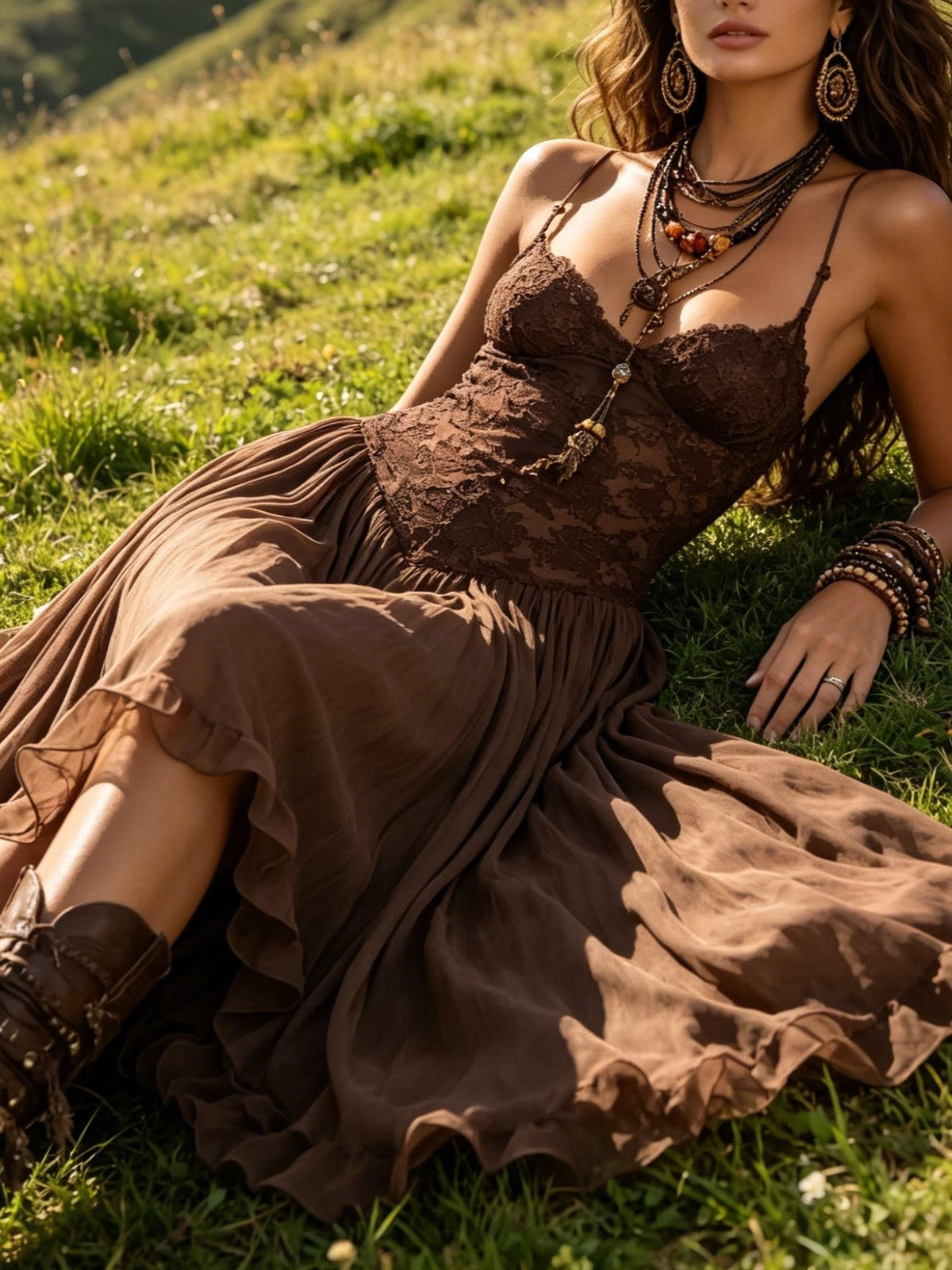 Frédérique | Robe Maxi en Chiffon et Dentelle Marron
