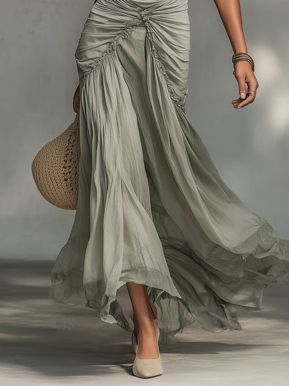 Séréna | Robe Maxi en Chiffon Gris à Décolleté Off-Shoulder