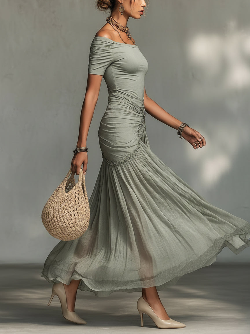 Séréna | Robe Maxi en Chiffon Gris à Décolleté Off-Shoulder
