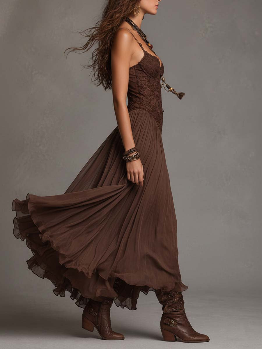 Frédérique | Robe Maxi en Chiffon et Dentelle Marron