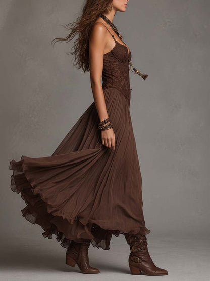 Frédérique | Robe Maxi en Chiffon et Dentelle Marron