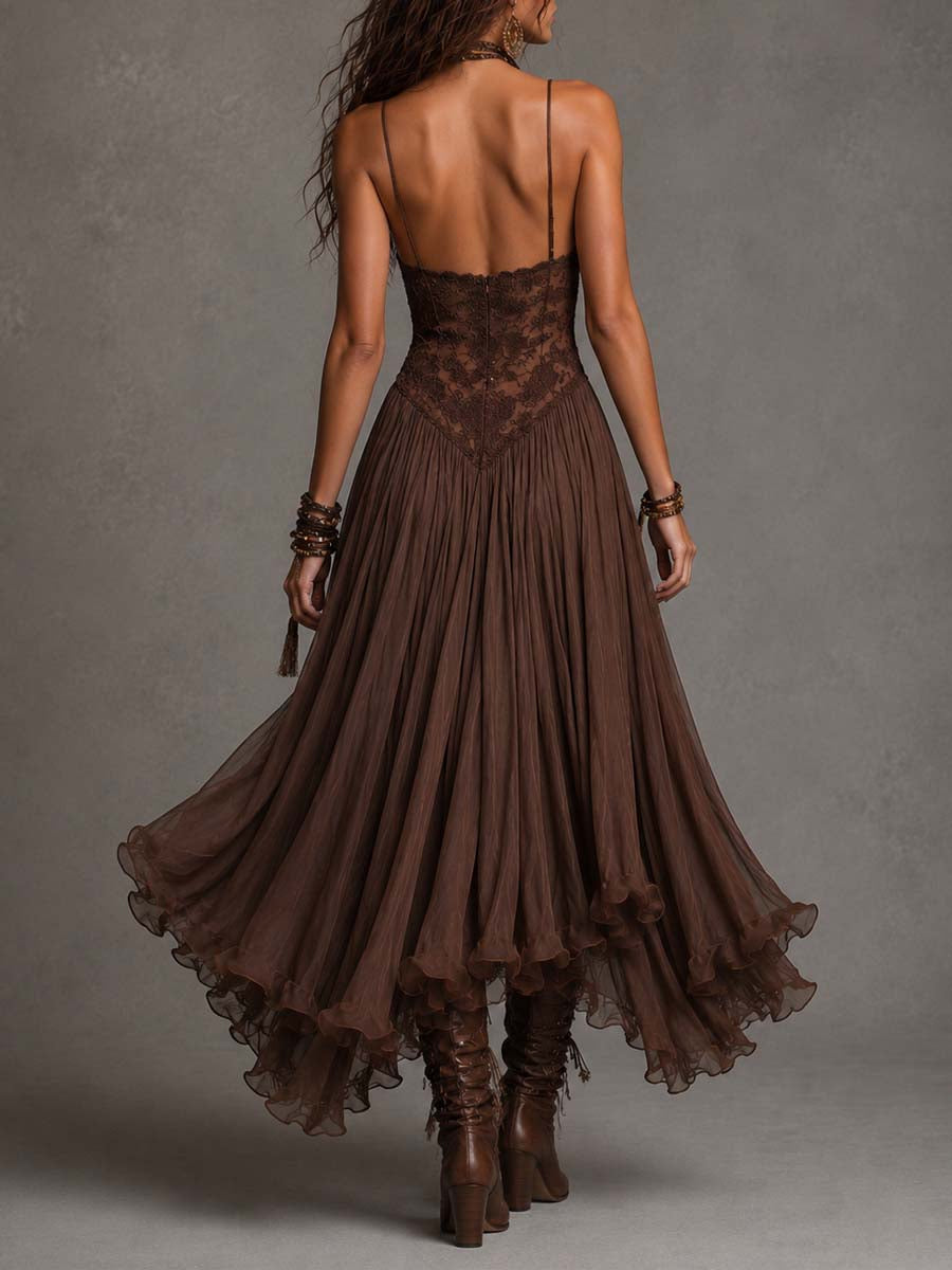 Frédérique | Robe Maxi en Chiffon et Dentelle Marron