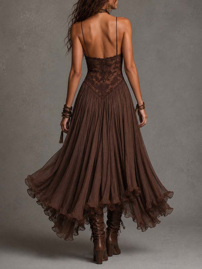 Frédérique | Robe Maxi en Chiffon et Dentelle Marron