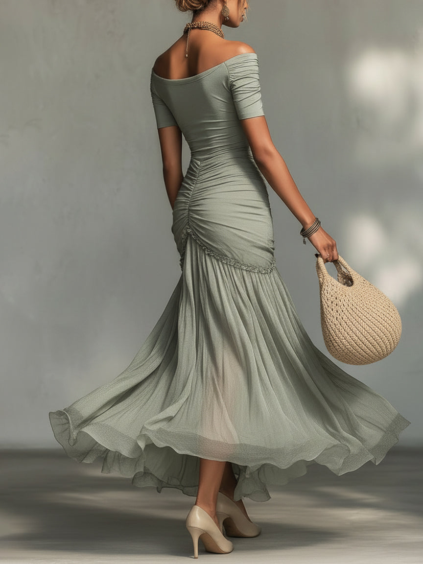 Séréna | Robe Maxi en Chiffon Gris à Décolleté Off-Shoulder