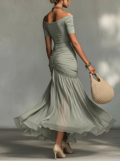 Séréna | Robe Maxi en Chiffon Gris à Décolleté Off-Shoulder