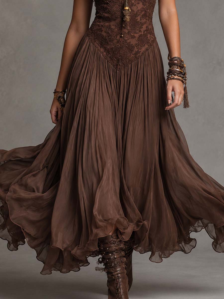 Frédérique | Robe Maxi en Chiffon et Dentelle Marron