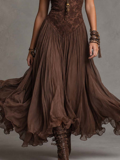 Frédérique | Robe Maxi en Chiffon et Dentelle Marron