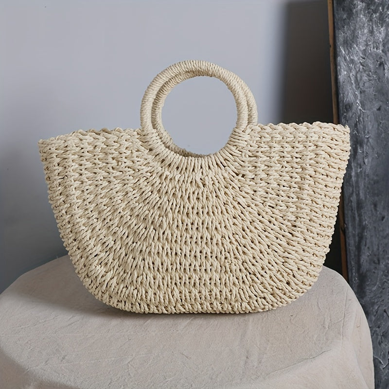 Octavie | Sac Demi-Lune en Paille Tressée Beige Naturel