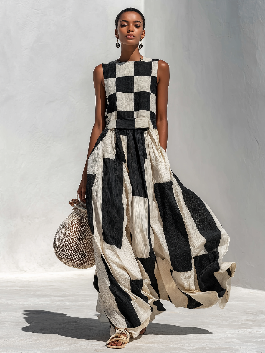 Antoinette | Robe Maxi Sans Manches avec Panneaux Contrastés