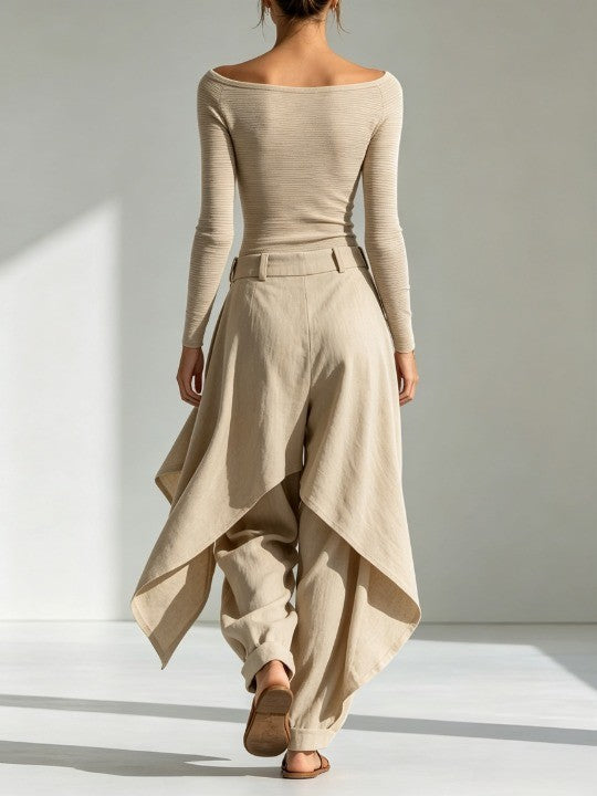 Éveline | Ensemble Haut Beige Col Bateau et Pantalon Large à Volants