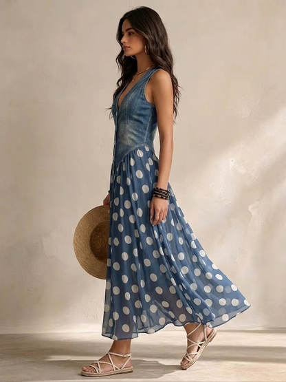 Jolène | Robe en Denim avec Jupe en Chiffon à Pois