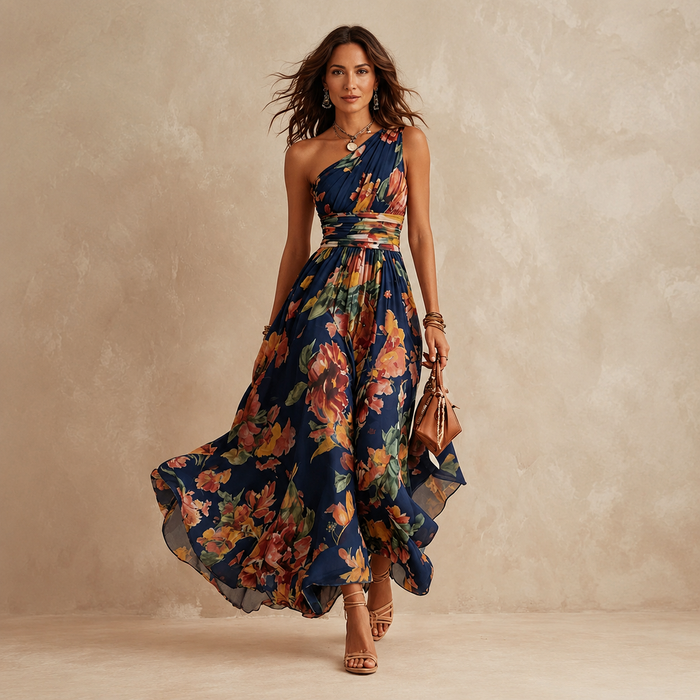Célestine | Robe Maxi Florale Une Épaule en Chiffon