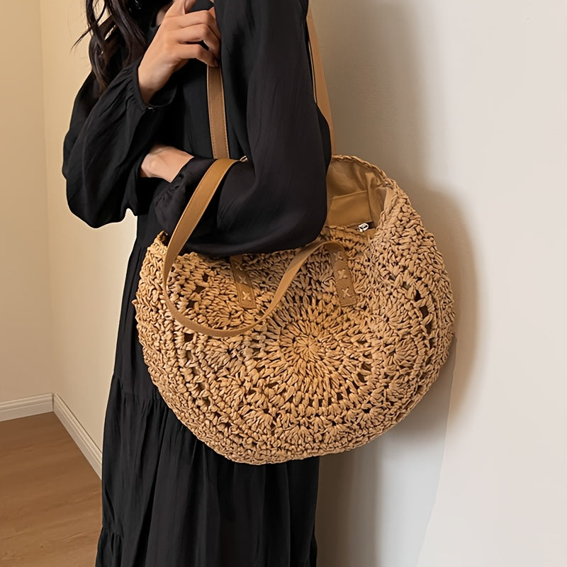 Lola | Sac Rond en Paille Tressée avec Motif — Cognac