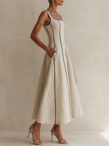 Camille | Robe Maxi A-Line à Rayures en Lin, Bordure Noire
