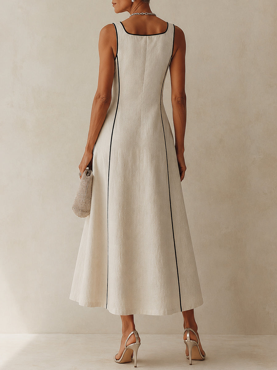 Camille | Robe Maxi A-Line à Rayures en Lin, Bordure Noire