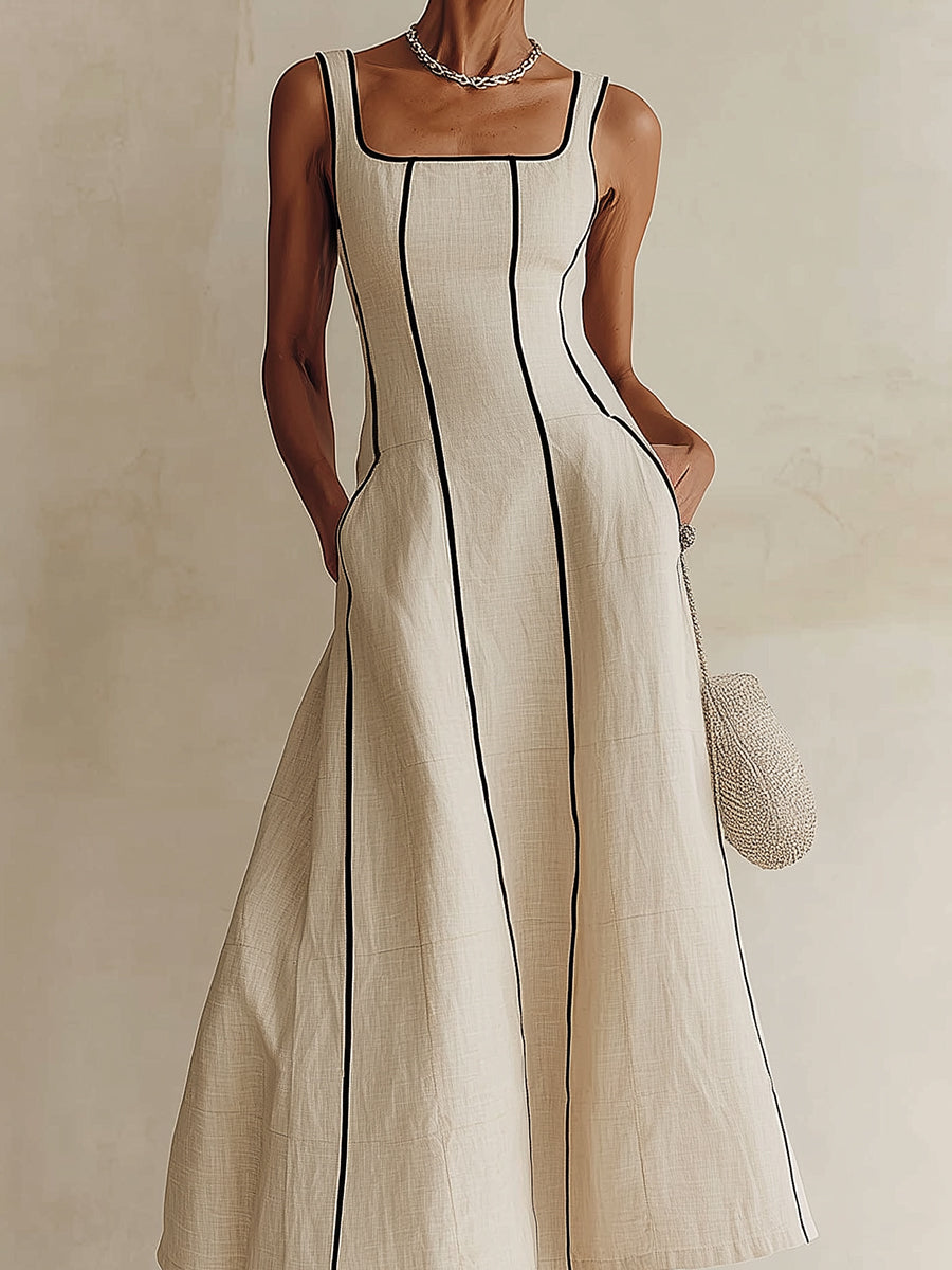 Camille | Robe Maxi A-Line à Rayures en Lin, Bordure Noire