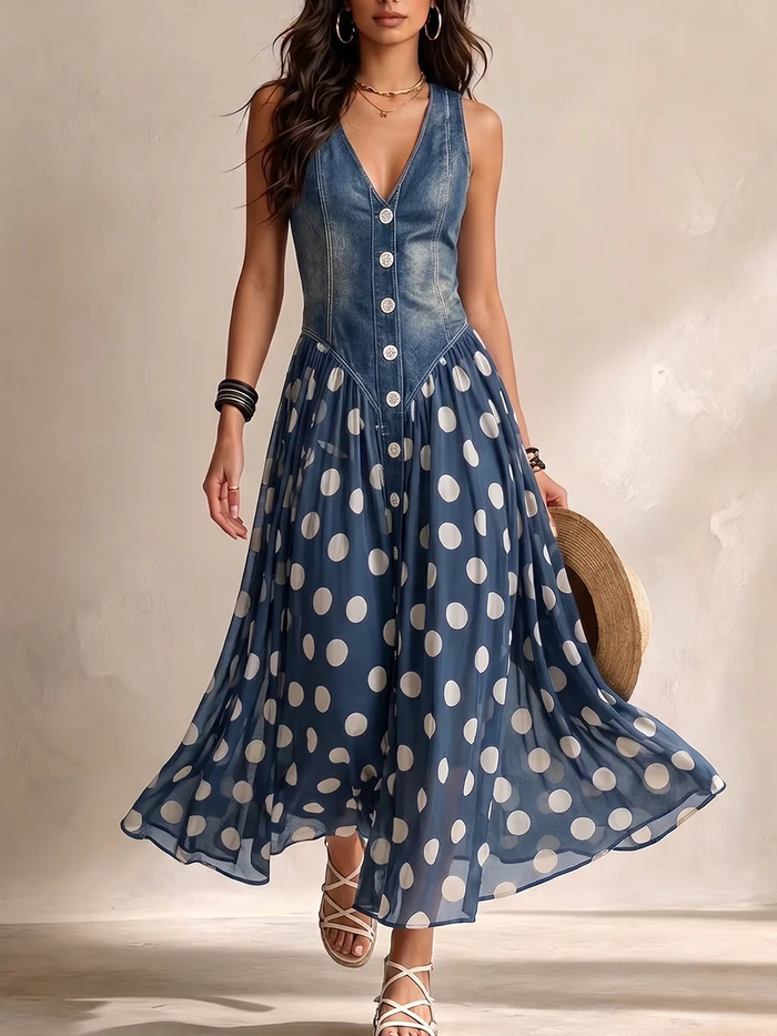 Jolène | Robe en Denim avec Jupe en Chiffon à Pois