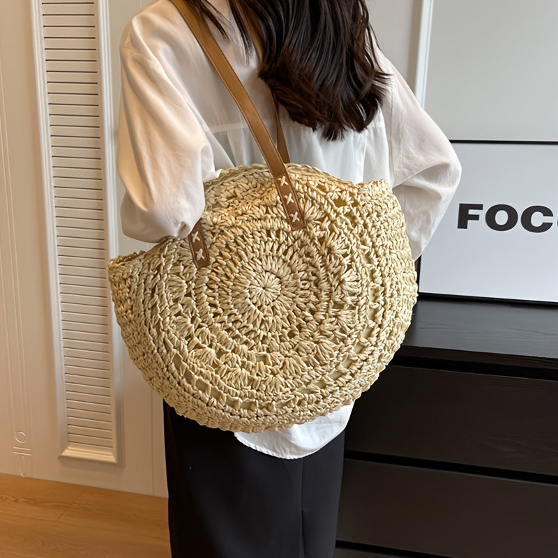 Lucienne | Sac Rond en Paille Tressée Motif — Beige Naturel
