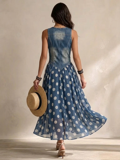 Jolène | Robe en Denim avec Jupe en Chiffon à Pois