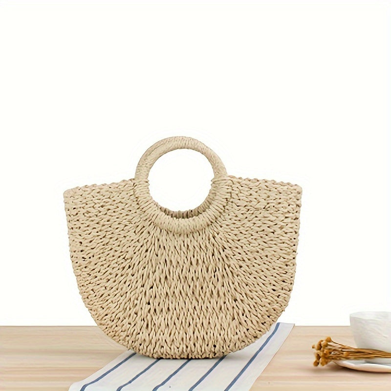 Octavie | Sac Demi-Lune en Paille Tressée Beige Naturel
