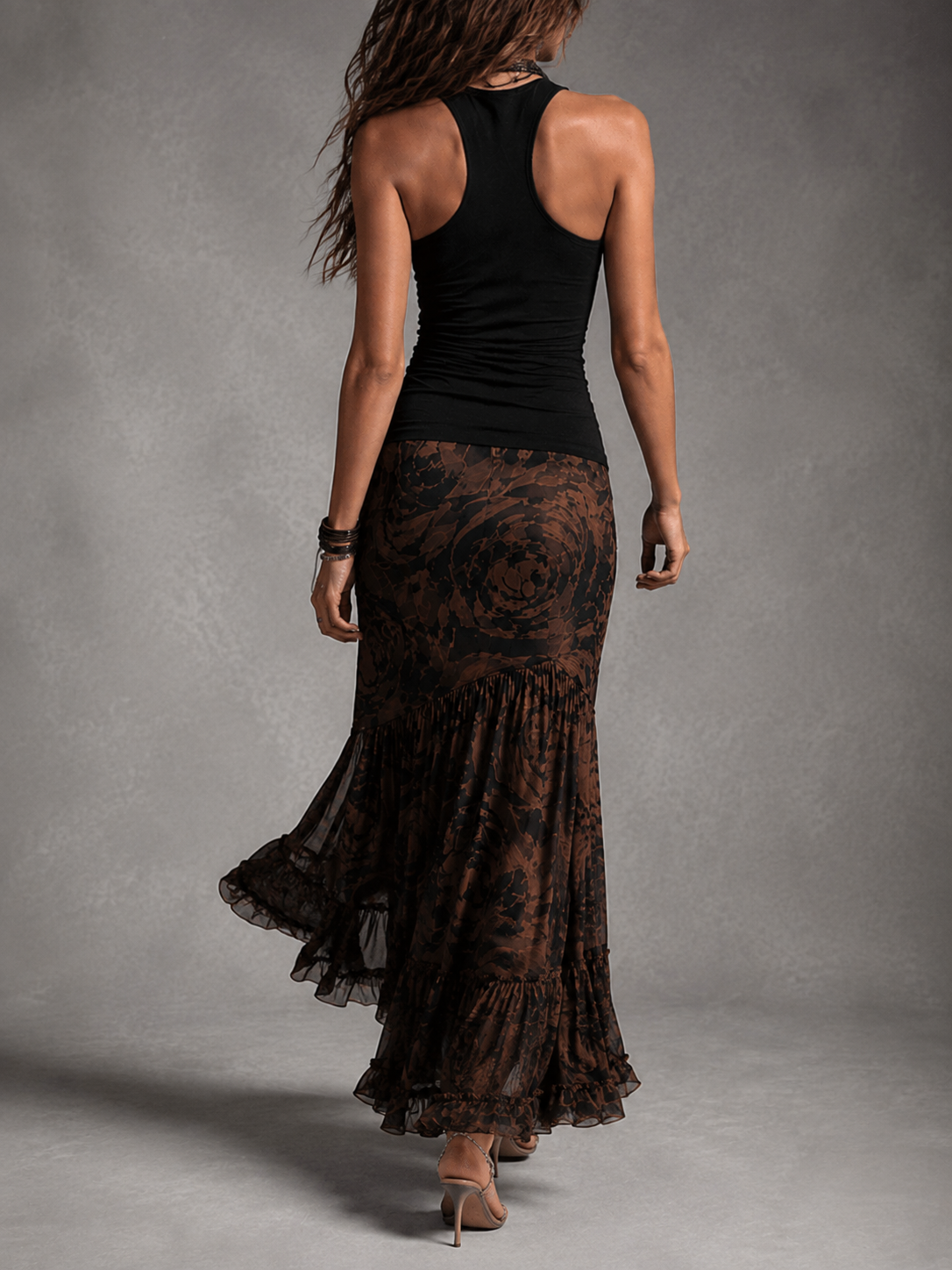 Rosanne | Ensemble Deux Pièces Top Halter Noir et Jupe Maxi en Mesh Rose