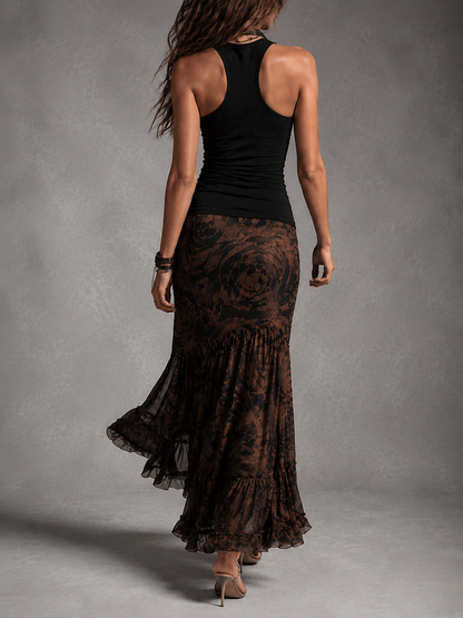 Rosanne | Ensemble Deux Pièces Top Halter Noir et Jupe Maxi en Mesh Rose