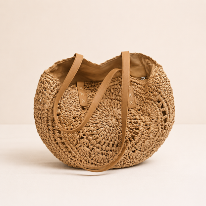 Lola | Sac Rond en Paille Tressée avec Motif — Cognac