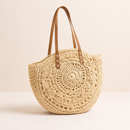 Lucienne | Sac Rond en Paille Tressée Motif — Beige Naturel