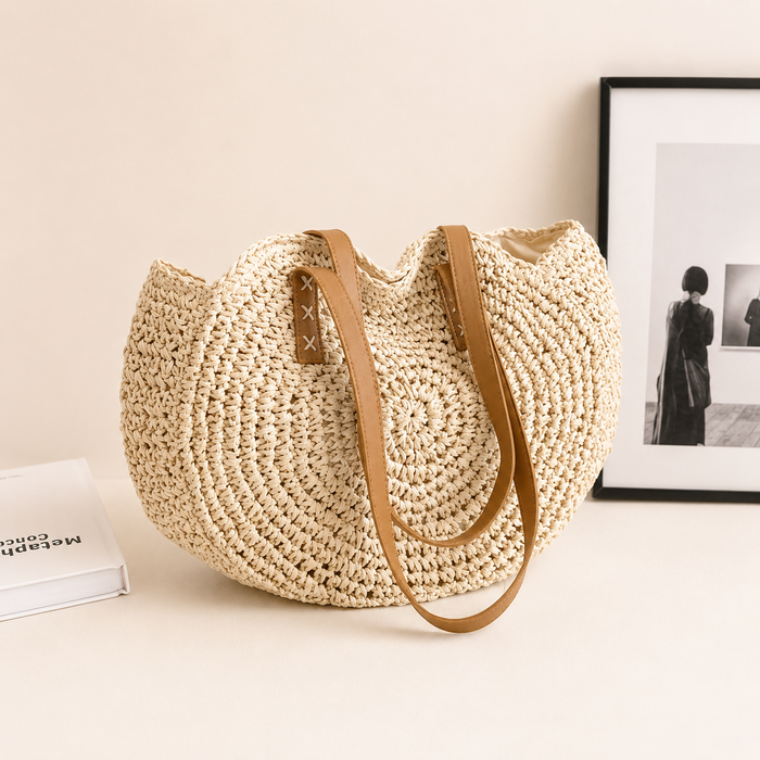 Lise | Sac Rond en Paille Tressée - Beige
