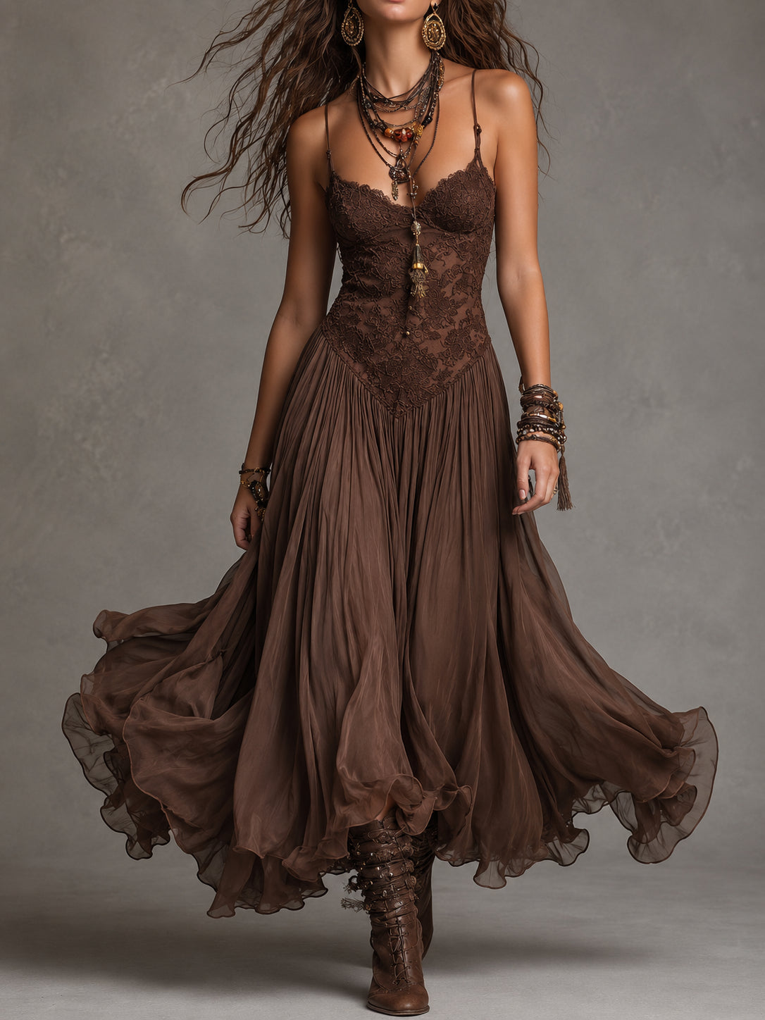 Frédérique | Robe Maxi en Chiffon et Dentelle Marron