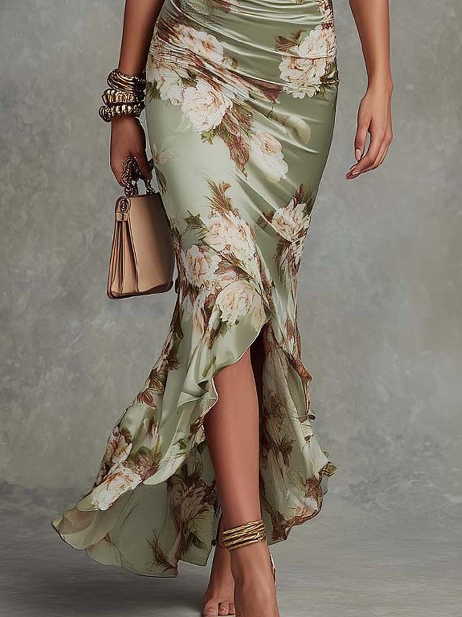 Alexandrine | Robe Longue Asymétrique Col V, Manches Bouffantes Évasées et Imprimé Floral