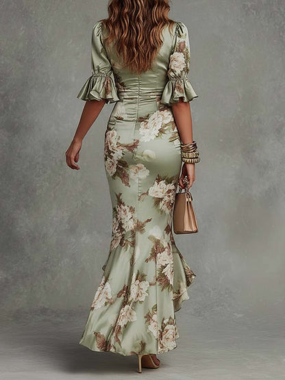 Alexandrine | Robe Longue Asymétrique Col V, Manches Bouffantes Évasées et Imprimé Floral