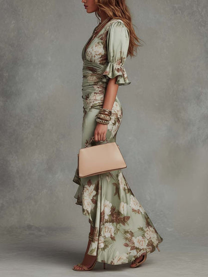 Alexandrine | Robe Longue Asymétrique Col V, Manches Bouffantes Évasées et Imprimé Floral