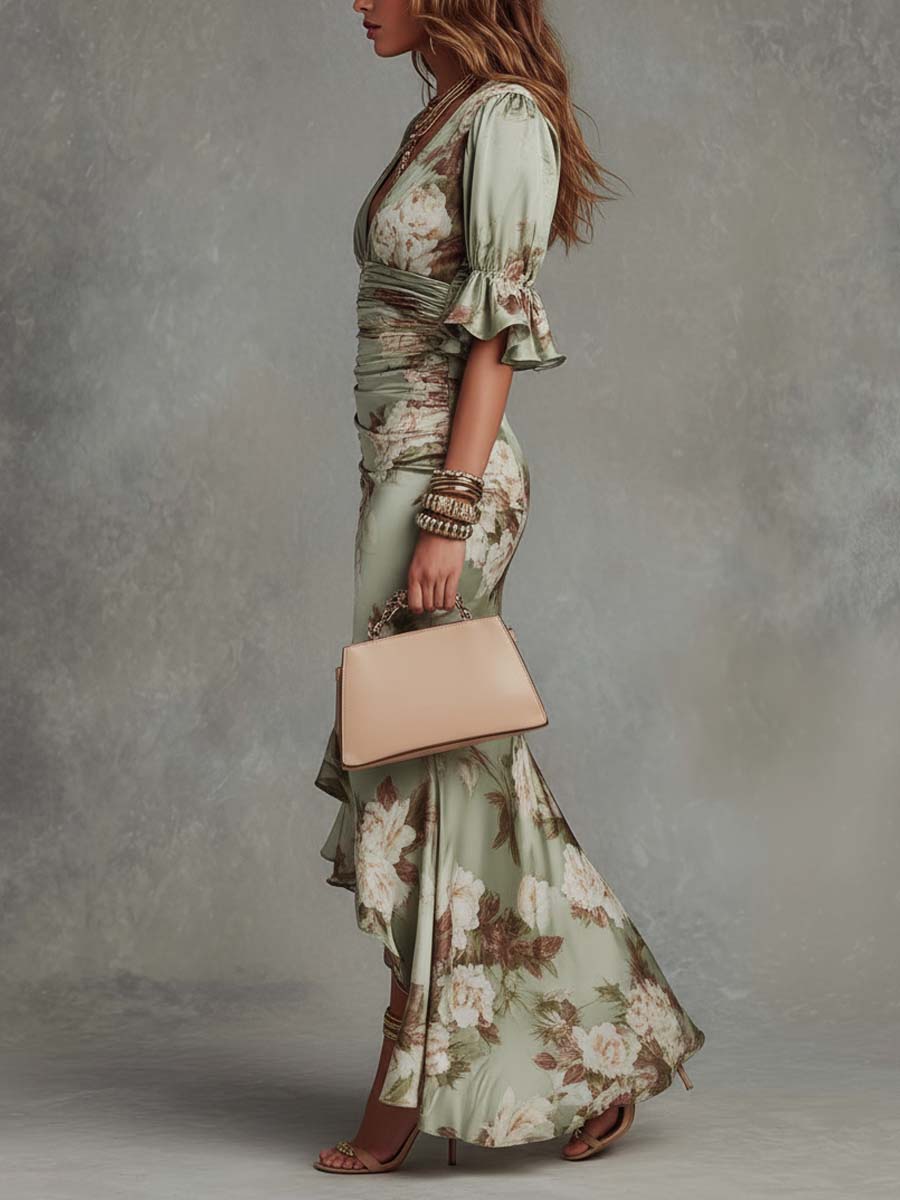 Émilie | Robe Maxi Fleurie en Satin avec Manches Cloche