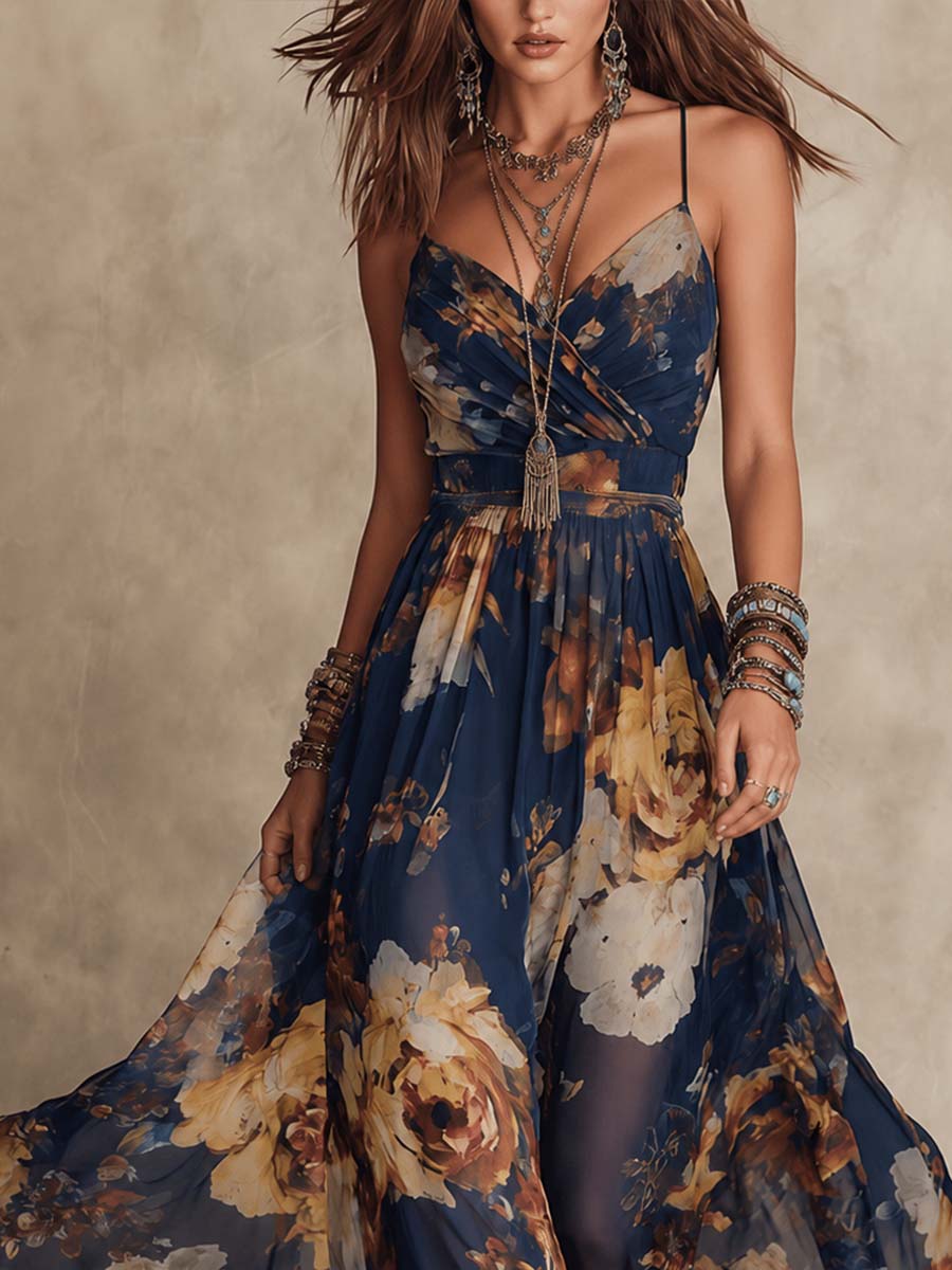 Nicolette | Robe Longue en Chiffon Bleu Marine à Imprimé Floral et Bretelles Fines