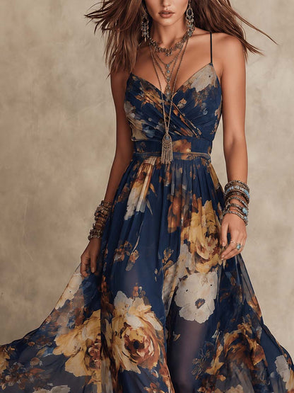 Nicolette | Robe Longue en Chiffon Bleu Marine à Imprimé Floral et Bretelles Fines