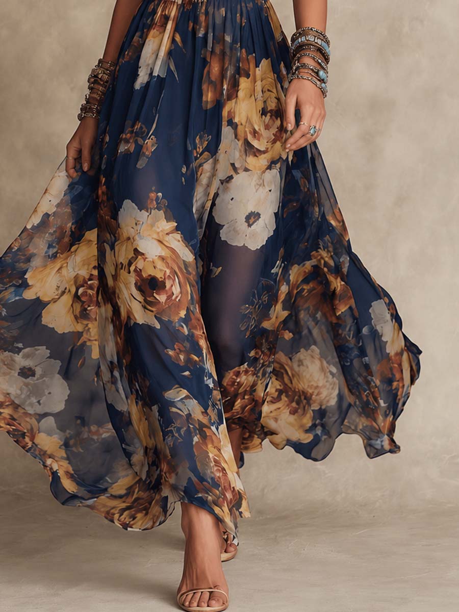 Nicolette | Robe Longue en Chiffon Bleu Marine à Imprimé Floral et Bretelles Fines