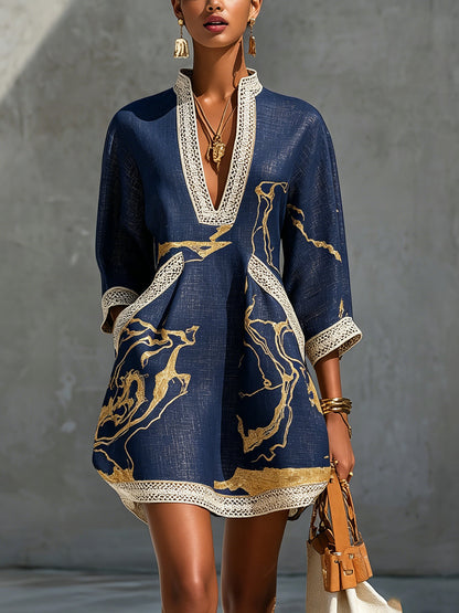 Donatelle | Mini Robe Noire Imprimé Marbre Doré et Dentelle Crochet