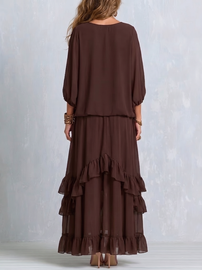 Ondine | Ensemble Haut Chiffon Marron à Franges et Jupe Volantée