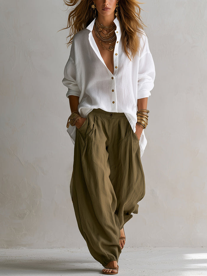 Capucine | Ensemble Blanche Ample et Pantalon Lantern Vert Olive