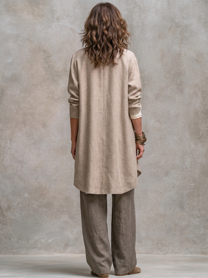 Costanza | Conjunto de Tres Piezas Beige y Gris, Casual en Capas, con Pantalón Palazzo, Elegante